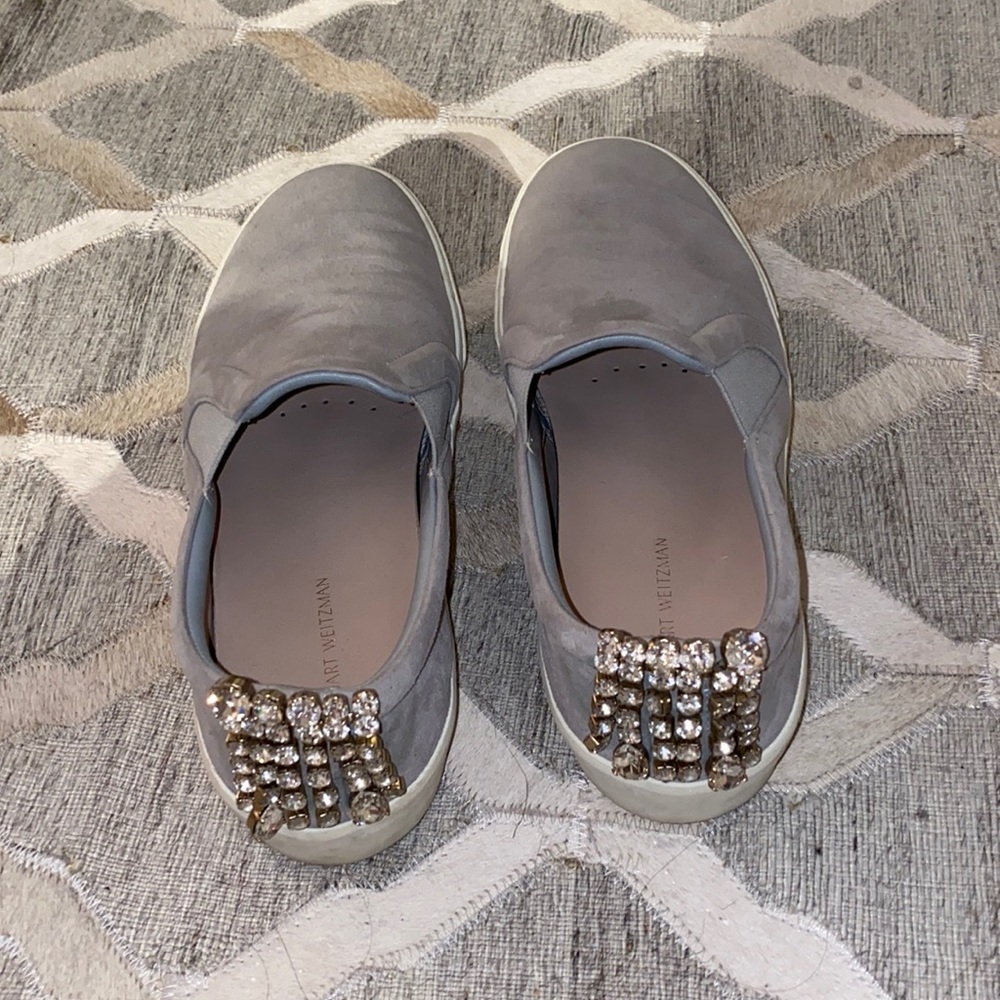 STUART WEITZMAN Women's Light Gray Rhinestone Embellished Slip On Sneakers